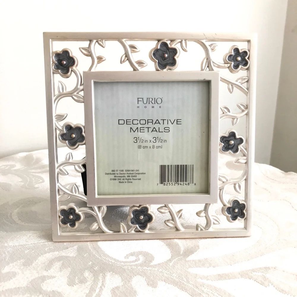 NEW Furio Home Tabletop Picture Frame Silver with Blue Enameled Flowers